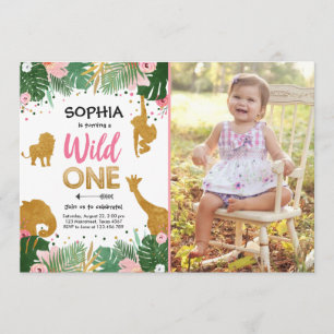 Invitation Wild One Safari Gold Girl Animaux roses Anniversai