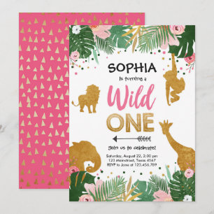 Invitation Wild One Safari Gold Girl Animaux roses Anniversai