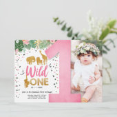 Invitation Wild One Safari Gold Girl Animaux roses Anniversai (Debout devant)