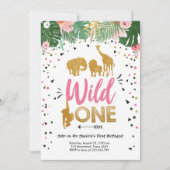 Invitation Wild One Safari Gold Girl Animaux roses Anniversai (Devant)