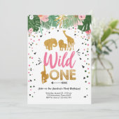 Invitation Wild One Safari Gold Girl Animaux roses Anniversai (Debout devant)