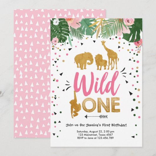 Invitation Wild One Safari Gold Girl Animaux roses Anniversai (Devant / Derrière)
