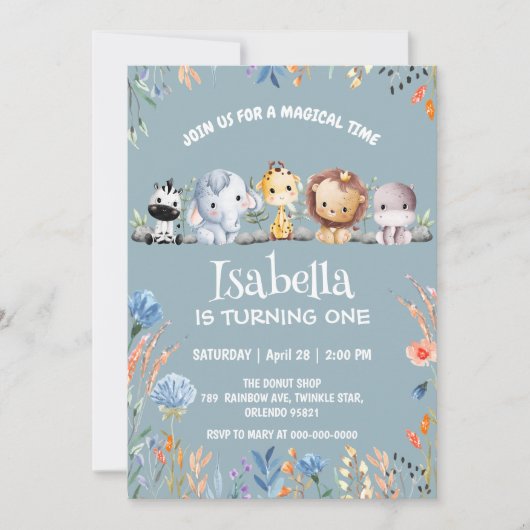 Invitation Wild one safari jungle animale Floral Anniversaire (Devant)