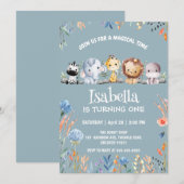 Invitation Wild one safari jungle animale Floral Anniversaire (Devant / Derrière)