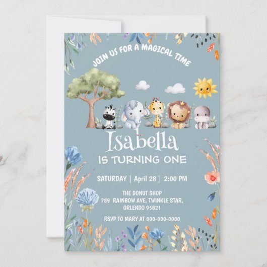 Invitation Wild one safari jungle animale Floral Anniversaire (Devant)
