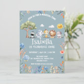 Invitation Wild one safari jungle animale Floral Anniversaire (Debout devant)