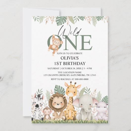 Invitation Wild One Safari Jungle Animals 1st Birthday (Devant)