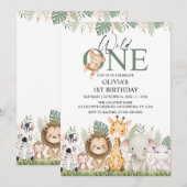 Invitation Wild One Safari Jungle Animals 1st Birthday (Devant / Derrière)