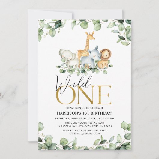 Invitation Wild One Safari Jungle Animaux 1er anniversaire (Devant)