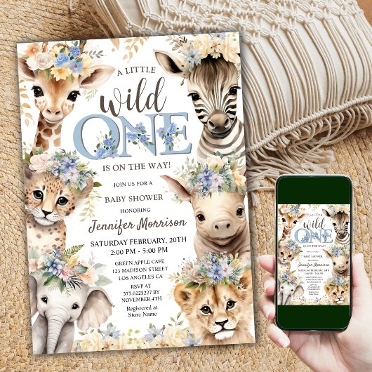 Invitation Wild One Safari Jungle Animaux Baby shower garçon