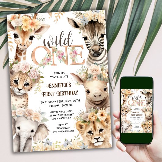 Invitation Wild One Safari Jungle Animaux Fille 1er anniversa