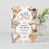 Invitation Wild One Safari Jungle Animaux Fille 1er anniversa (Debout devant)