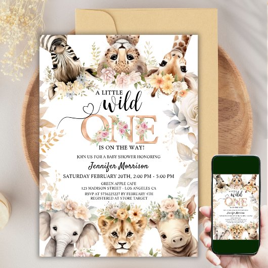 Invitation Wild One Safari Jungle Animaux Fille Baby shower