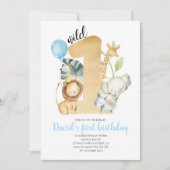 Invitation Wild One Safari Jungle Animaux Gold Green Cute (Devant)