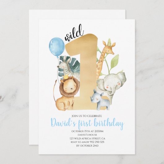 Invitation Wild One Safari Jungle Animaux Gold Green Cute (Devant / Derrière)