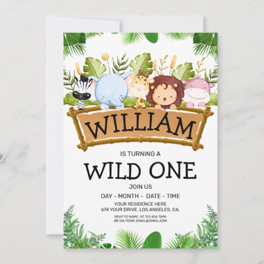 Invitation Wild One Safari JUNGLE Animaux Photo d'anniversair (Devant)