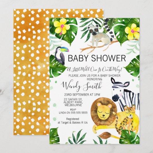 Invitation Wild One Safari jungle Baby shower animaliers (Devant / Derrière)