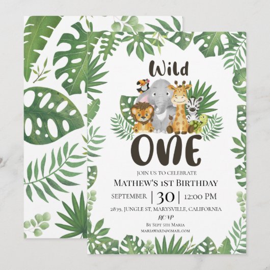 Invitation Wild One Safari Jungle premier anniversaire (Devant / Derrière)