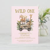 Invitation Wild One Safari Jungle rose 1er premier anniversai (Debout devant)
