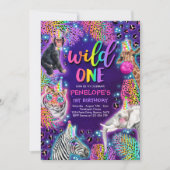 Invitation Wild One Safari Neon Rainbow Cheetah Anniversaire (Devant)
