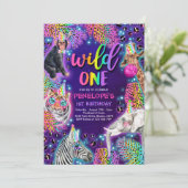 Invitation Wild One Safari Neon Rainbow Cheetah Anniversaire (Debout devant)