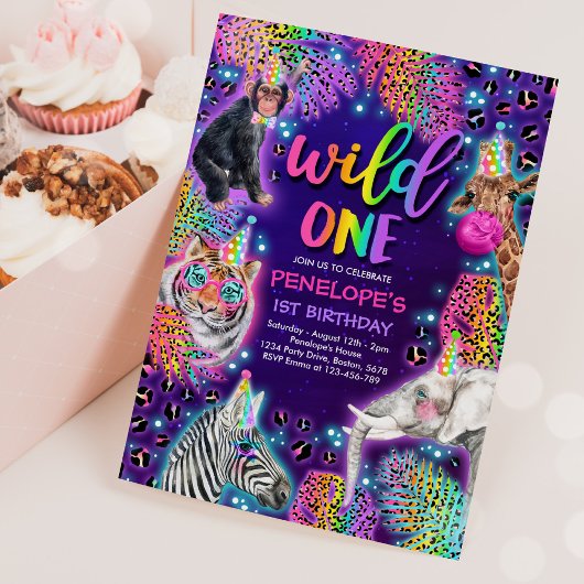 Invitation Wild One Safari Neon Rainbow Cheetah Anniversaire