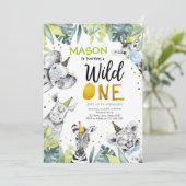 Invitation Wild One Safari Party Animaux Garçon premier anniv (Debout devant)