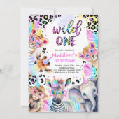 Invitation Wild One Safari Rose Girl Leopard fête d'anniversa (Devant)