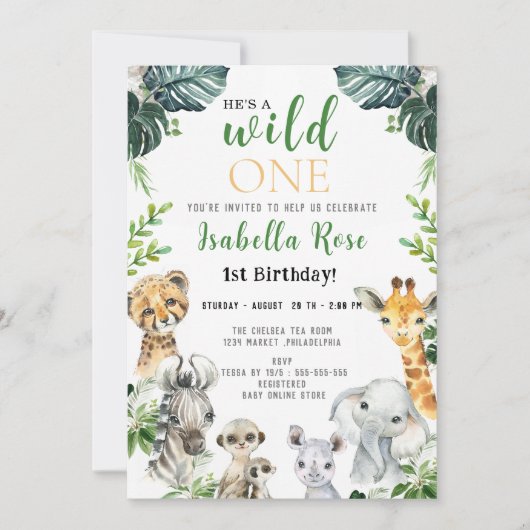 Invitation Wild One Safari vert feuilles Anniversaire Invitat (Devant)