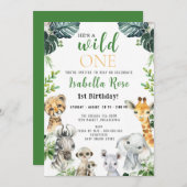 Invitation Wild One Safari vert feuilles Anniversaire Invitat (Devant / Derrière)