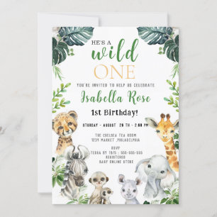 Invitation Wild One Safari vert feuilles Anniversaire Invitat