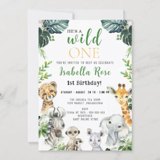 Invitation Wild One Safari vert feuilles Anniversaire Invitat