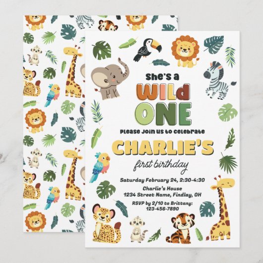 Invitation Wild One Safari Zoo Animale fête d'anniversaire, F (Devant / Derrière)