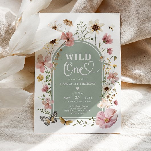 Invitation Wild One: Sage Green Wildflower First Birthday