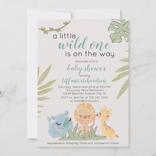 Invitation Wild One Sur Le Chemin Safari Animaux Baby shower (Devant)