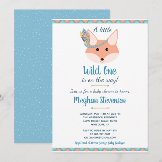 Invitation Wild One Tribal Boho Aztec Blue Boy Baby shower (Devant / Derrière)