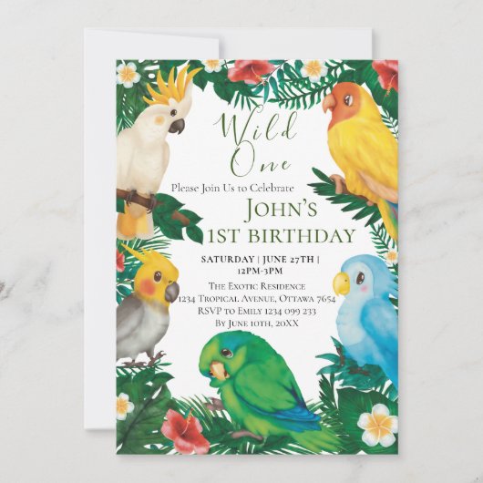 Invitation Wild One Tropical Exotic Parrots Garçon 1er annive (Devant)