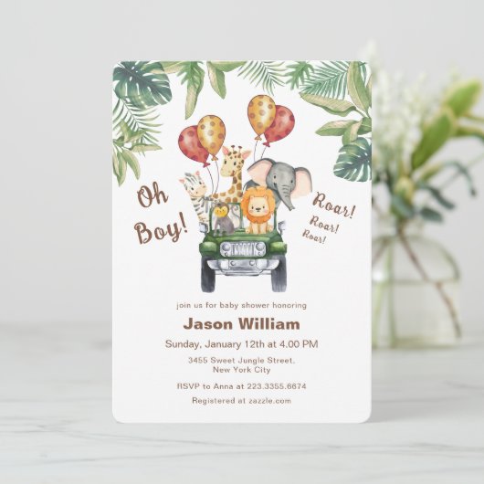 Invitation Wild One Tropical Jungle Safari Boy Baby Shower  (Debout devant)