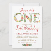Invitation Wild ONE typographie florale fille 1er anniversair (Devant)