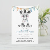 Invitation Wild One Watercolor Fox Blue 1er anniversaire (Debout devant)