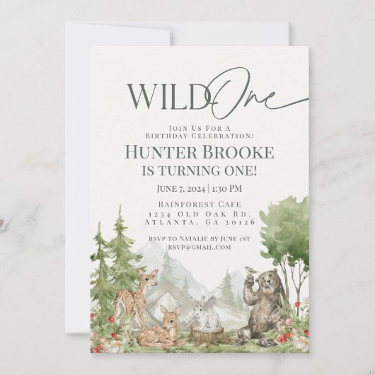 Invitation Wild One Woodland Animaux 1er Anniversaire Invitat (Devant)