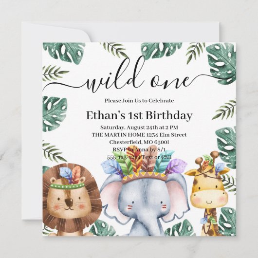 Invitation Wild One Woodland Animaux Forêt 1er Anniversaire I (Devant)