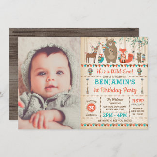 Invitation Wild One Woodland Tribal Animaux Photo Anniversair