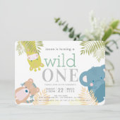 Invitation Wild One Zoo Animaux Eléphant Gold 1er anniversair (Debout devant)