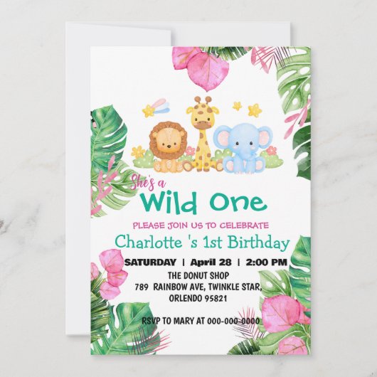 Invitation Wild One Zoo jungle arc-en-ciel 1er Animaux Annive (Devant)