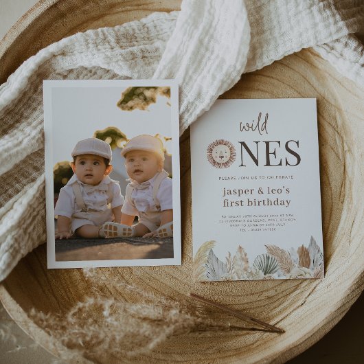 Invitation Wild Ones Twins Feuilles neutres - Photo Anniversa