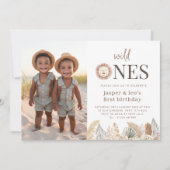 Invitation Wild Ones Twins Feuilles neutres - Photo Anniversa (Devant)