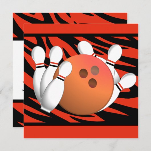 Invitation Wild Orange Zebra Stripe Bowling Party (Devant / Derrière)