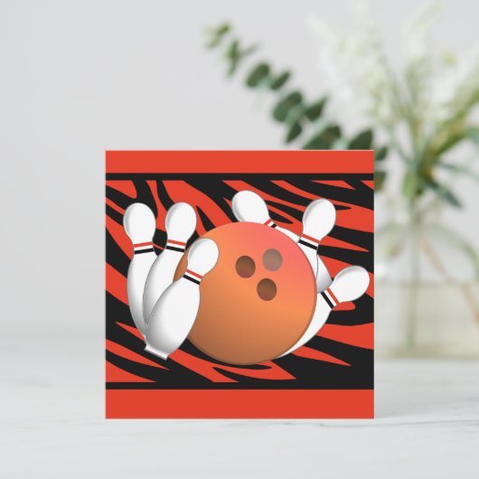 Invitation Wild Orange Zebra Stripe Bowling Party (Debout devant)