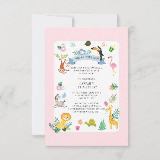 Invitation Wild Safari Animaux Fille 1er anniversaire Jungle (Devant)